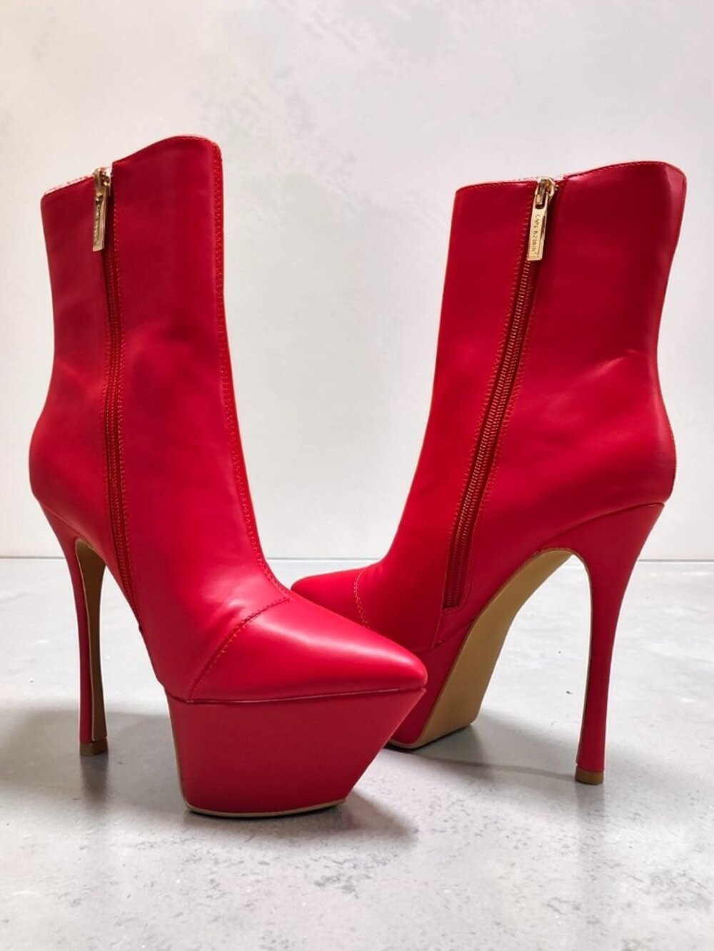 Red Platform High-Heel Ankle Boots With Pointed Toes & Side Zippers For Women